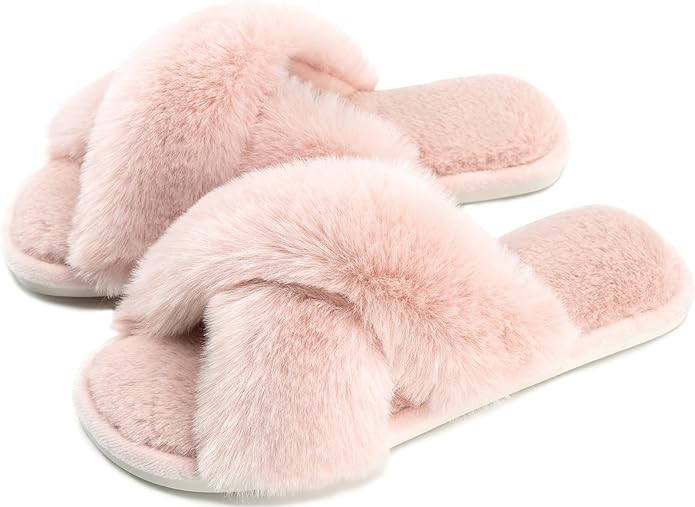 Cozyfurry Womens Cross Band Slippers Cozy Furry Fuzzy House Slippers Open Toe Fluffy Indoor Shoes... | Amazon (US)