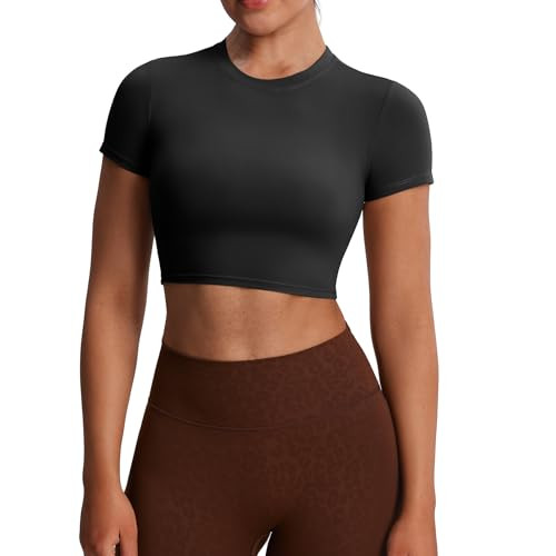 Aoxjox Short Sleeve Crop Tops for Women Classic Longline Baby Tee Workout T Shirt Top (Black, X-Small) | Amazon (US)