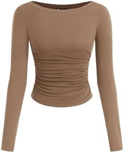 PRETTYGARDEN Long Sleeve Shirts for Women 2026 Fall Ruched Sides Boat Neck Basic Tee Casual Fitte... | Amazon (US)