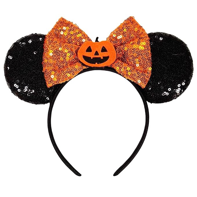 Halloween Headband - Black Mouse Ears Headband with Shiny Orange Bows and Pumpkin Decoration, Cos... | Amazon (US)