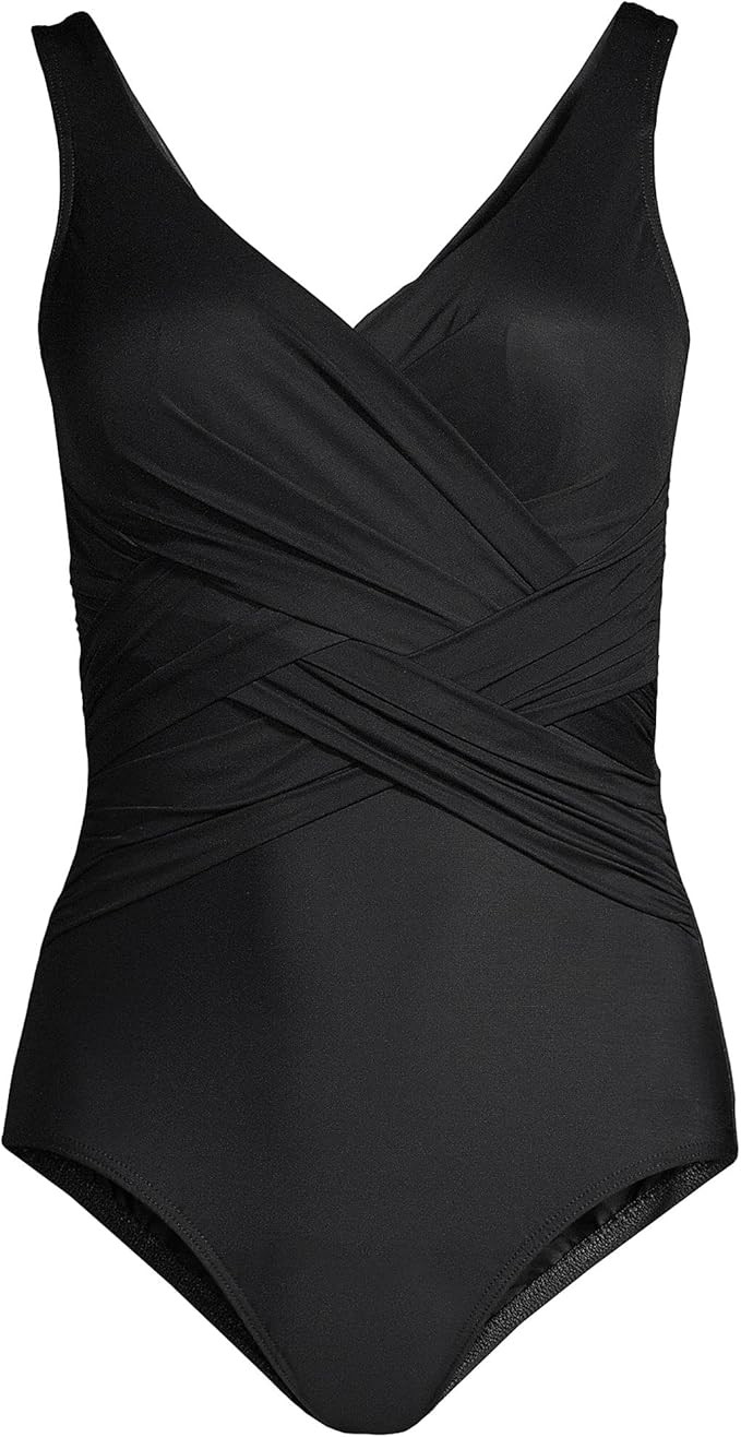 Lands' End Women's SlenderSuit Tummy Control Chlorine Resistant V-Neck Wrap One Piece Swimsuit | Amazon (US)