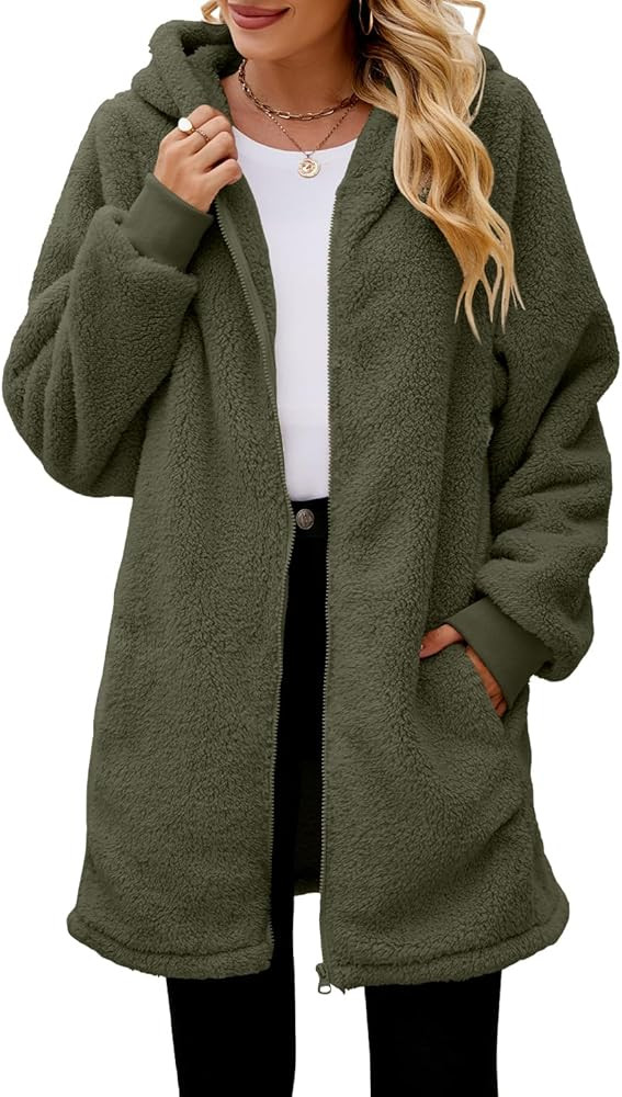 ReachMe Womens Fleece Zip Up Jacket with Pockets Oversized Long Sherpa Hoodie Fuzzy Jackets Warm ... | Amazon (US)