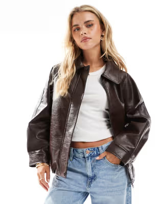 ASOS DESIGN Petite leather look oversized bomber jacket in chocolate | ASOS (Global)