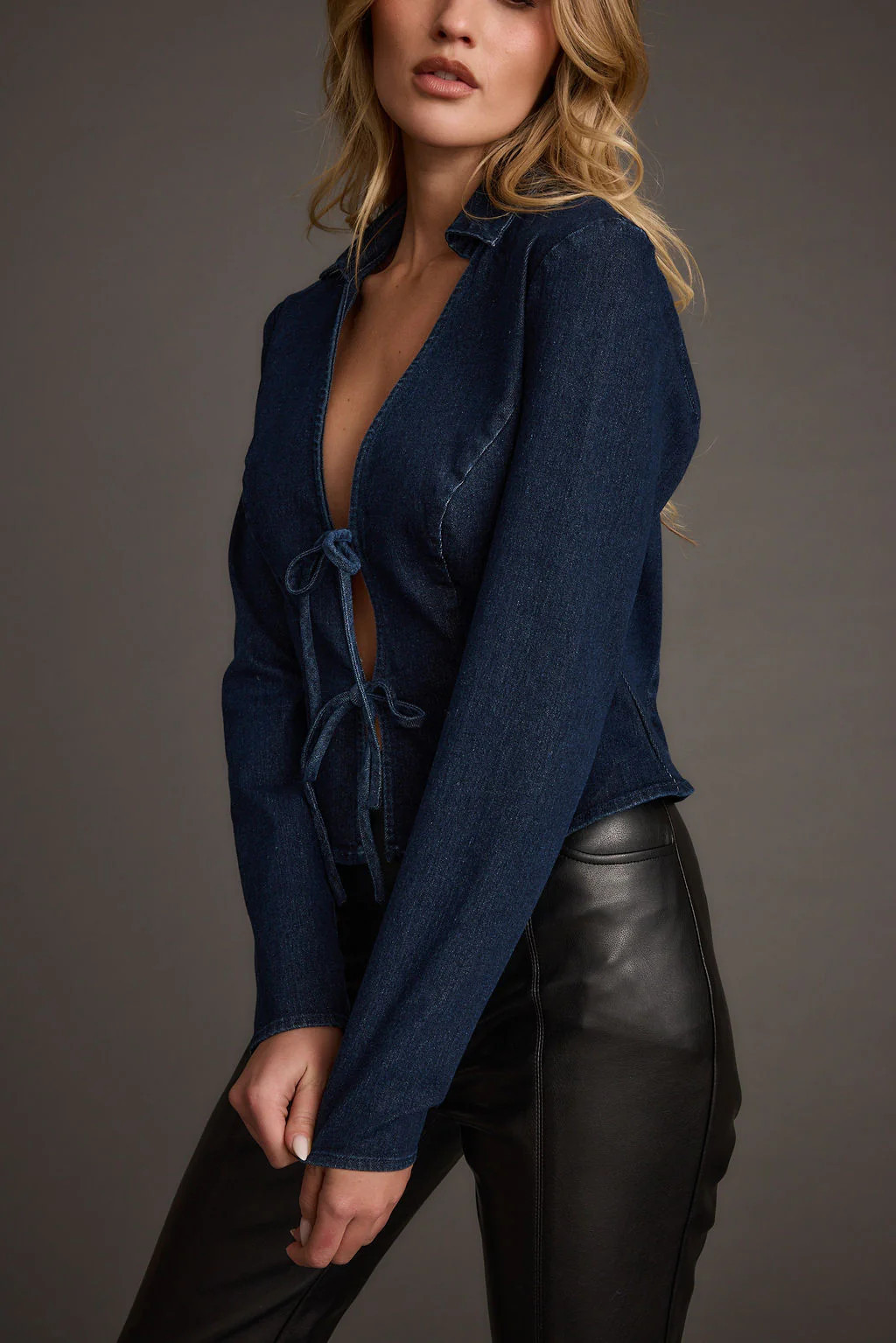 Taylor Open Tie Front Denim Top | 12th Tribe