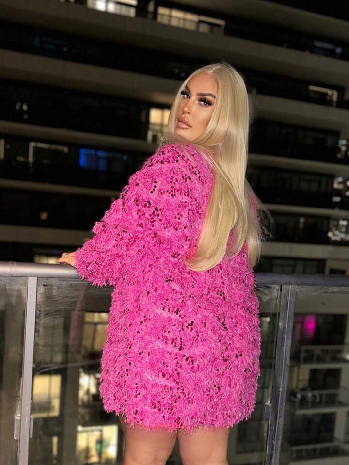 SHEIN SXY Plus Size Loose Warm Thick Fleece Jacket With Sequins Embellishment | SHEIN