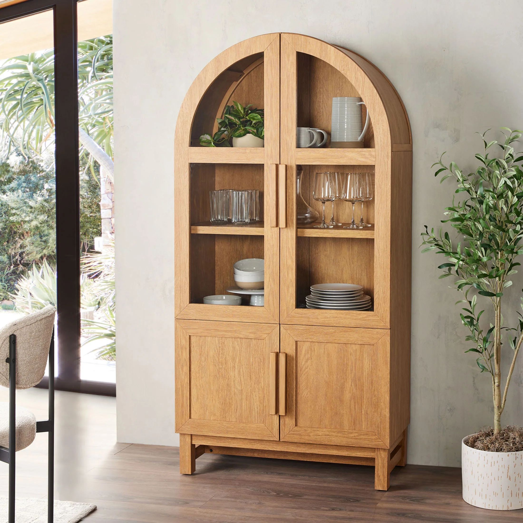 Better Homes & Gardens Juliet Kitchen Rounded Solid Wood Frame Arc Cabinet, Light Honey Finish | Walmart (US)