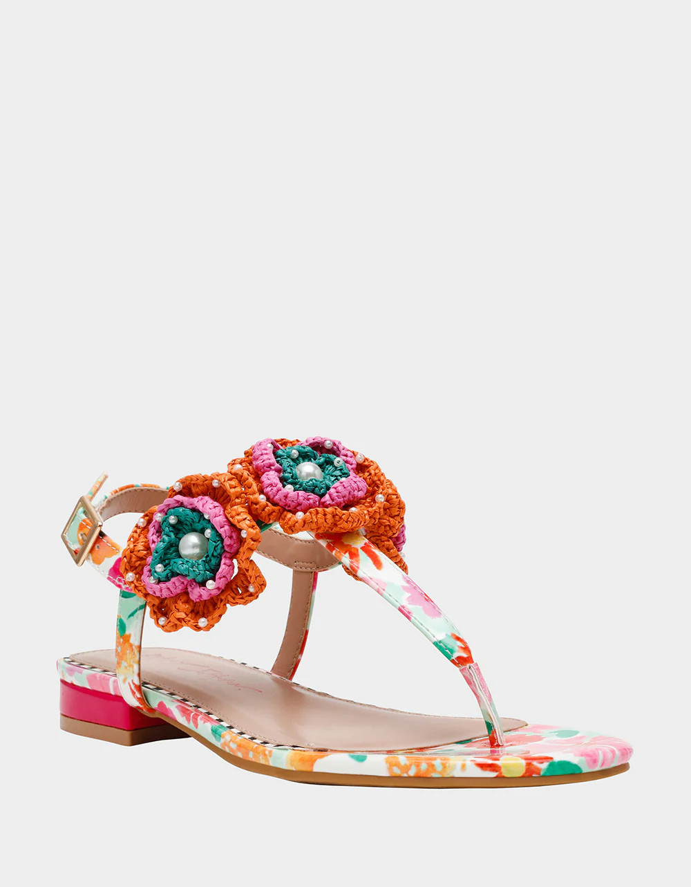 CINDII WHITE MULTI T-Strap Flat Thong Sandal | Women's Sandals | Betsey Johnson