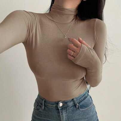 Women's Khaki High Neck Long Sleeve Base Layer T-Shirt, Spring/Summer/Autumn | SHEIN