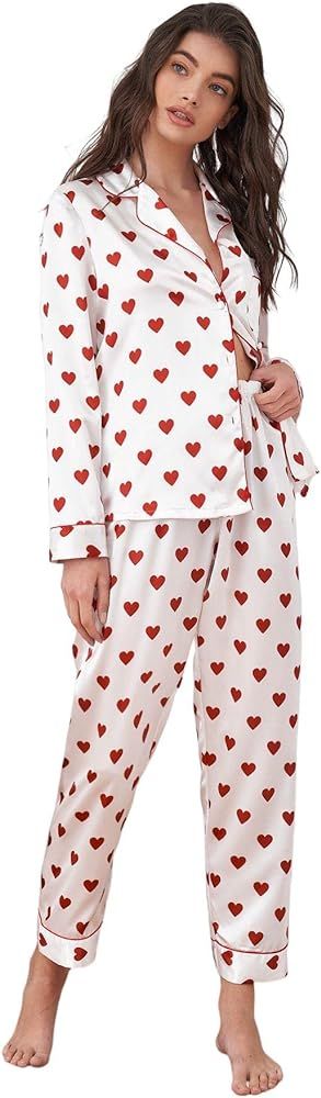 WDIRARA Women's Heart Print Lapel Collar Button Long Sleeve Satin Pajama Set | Amazon (US)