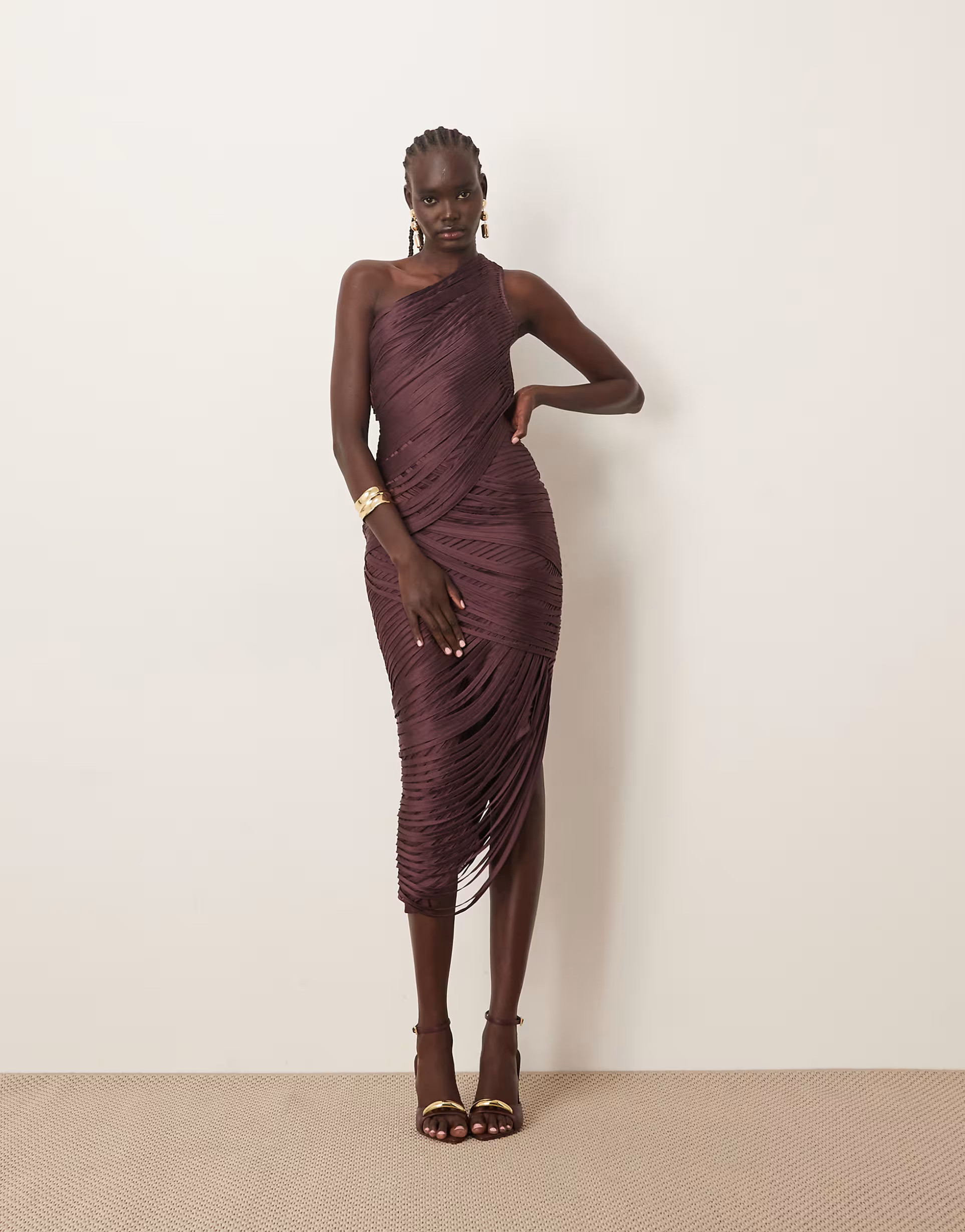 ARRANGE asymmetric draped fringe one shoulder midaxi dress in burgundy | ASOS (Global)