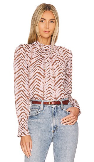 Mock Neck Smocked Blouse in Golden Chevron Print | Revolve Clothing (Global)