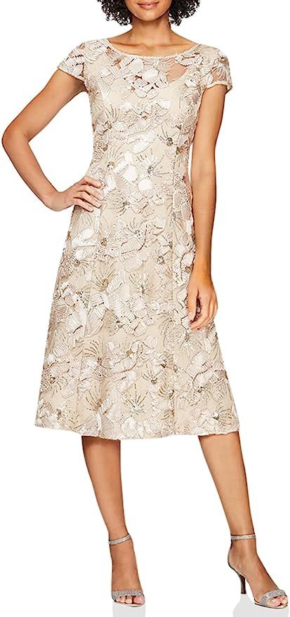 Alex Evenings Women's Plus Size Tea Length Dress with Rosette Detail | Amazon (US)