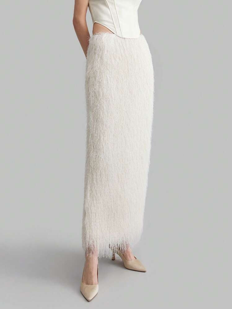 Ontre Women's White Four-Season High-End Design Feather Tassel Skirt, Elegant Party Skirt For New Year And Holidays, Simple And Fashionable, Urban Commuting, Elegant | SHEIN