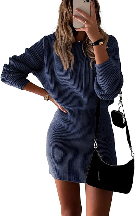 PRETTYGARDEN Women's Rib Knit Pullover Sweater Casual Long Sleeve Hooded Mini Bodycon Dress with ... | Amazon (US)