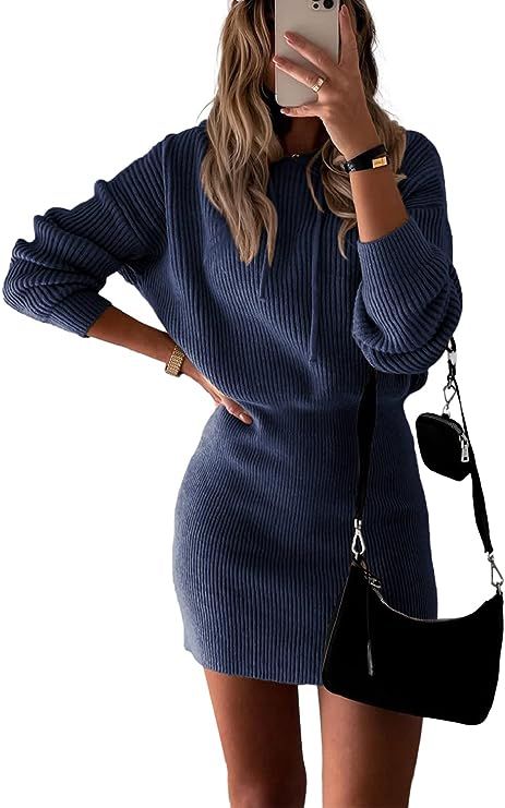 PRETTYGARDEN Women's Rib Knit Pullover Sweater Casual Long Sleeve Hooded Mini Bodycon Dress with ... | Amazon (US)