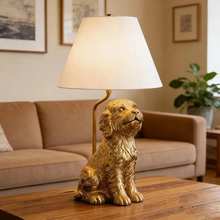 Golden Doodle Dog Resin Table Lamp with White Linen Shade, Cute Dog Desk Lamp USB Bedside Nightst... | Walmart (US)