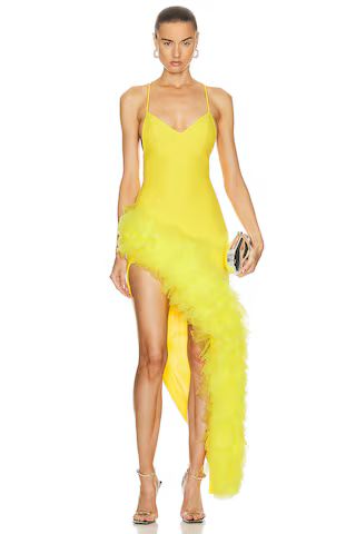 David Koma Asymmetrical Ruffled Hem Cami Dress in Yellow | FWRD | FWRD 