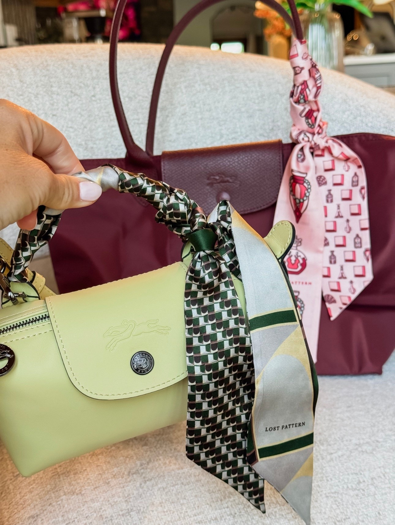 Add a fun scarf detail. Color and pattern mix. Variety of ways to tie. 
Burgundy bag size M
Little bag color: lime

#LTKmomlife #LTKSeasonal #LTKSaleAlert