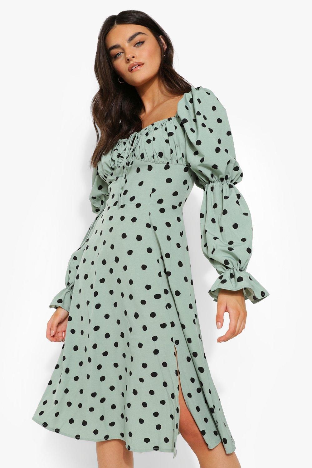 Polka Dot Puff Sleeve Midi Dress | Boohoo.com (US & CA)