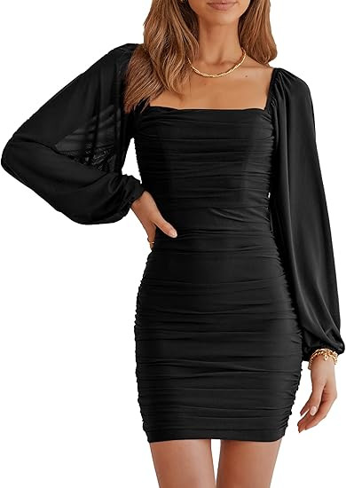 Amazon.com: MASCOMODA Women Elegant Square Neck Lantern Long Sleeve Mini Ruched Bodycon Dress Str... | Amazon (US)