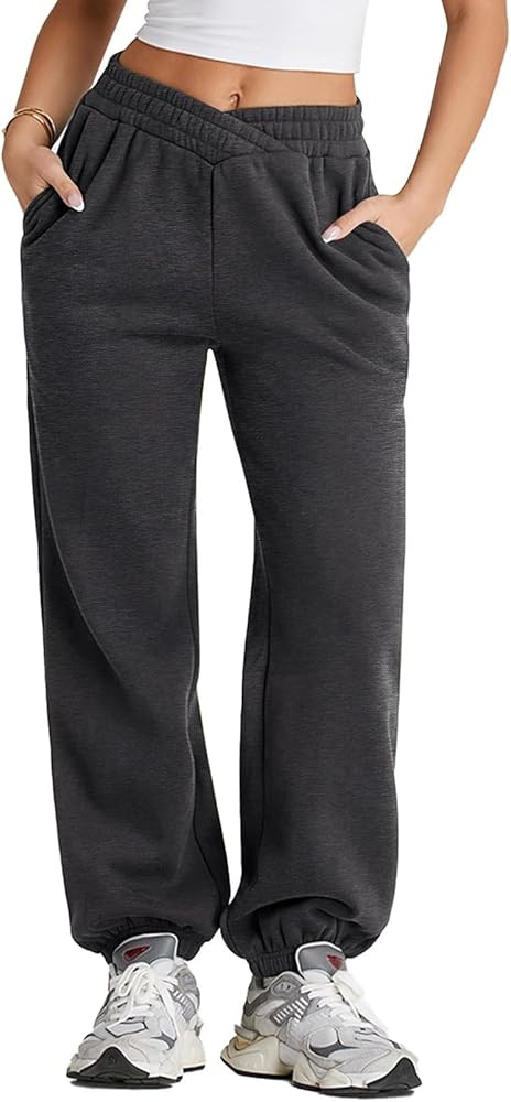 Herseas Women's V Crossover Waist Sweatpants Baggy Y2K Jogger Pants Wide Leg Fleeced Lounge Pants | Amazon (US)
