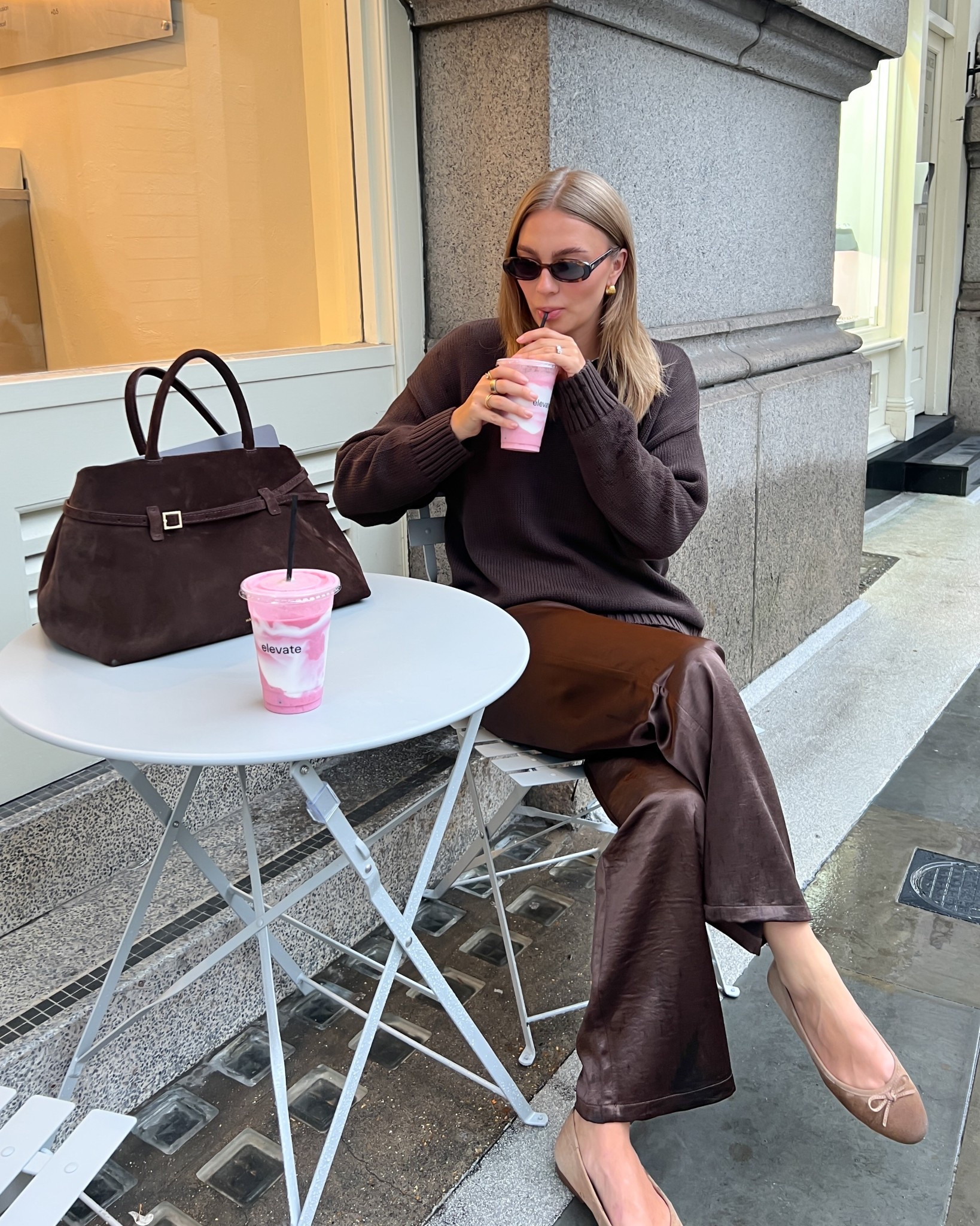 Chocolate brown outfit 
Brown silky trousers
Brown jumper 