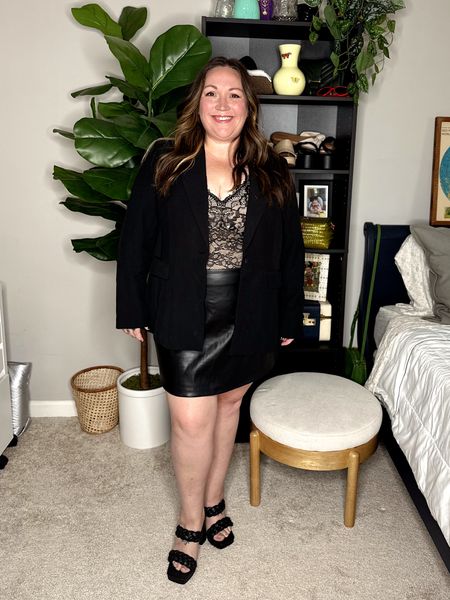 Plus Size Occasion Looks - Cocktail! Wearing a super cute faux leather mini skirt from ASOS in a size 16 - unfortunately, it is currently sold out so I linked up some other great options! The lacy bodysuit shapewear is from Amazon (1X) and the blazer is my FAVORITE from Lane Bryant in a 16P! Shoes are Amazon as well! 

#LTKwedding #LTKmidsize #LTKplussize