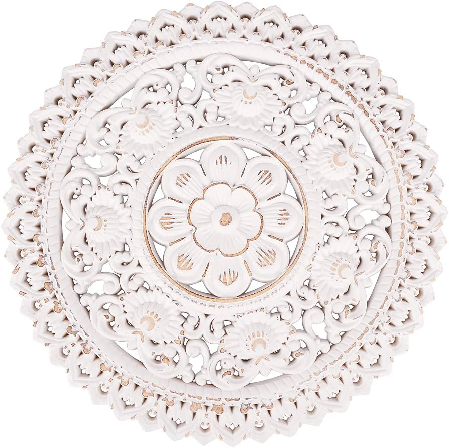 Kvintes Wooden Floral Wall Art Hanging, Medallion Wall Décor, Round Decorative Carved Distressed... | Amazon (US)