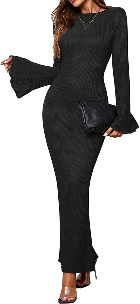 Women Long Sleeve Maxi Dress Bodycon Elegant Formal Wedding Guest Long Fall Dress for Women 2025 | Amazon (US)