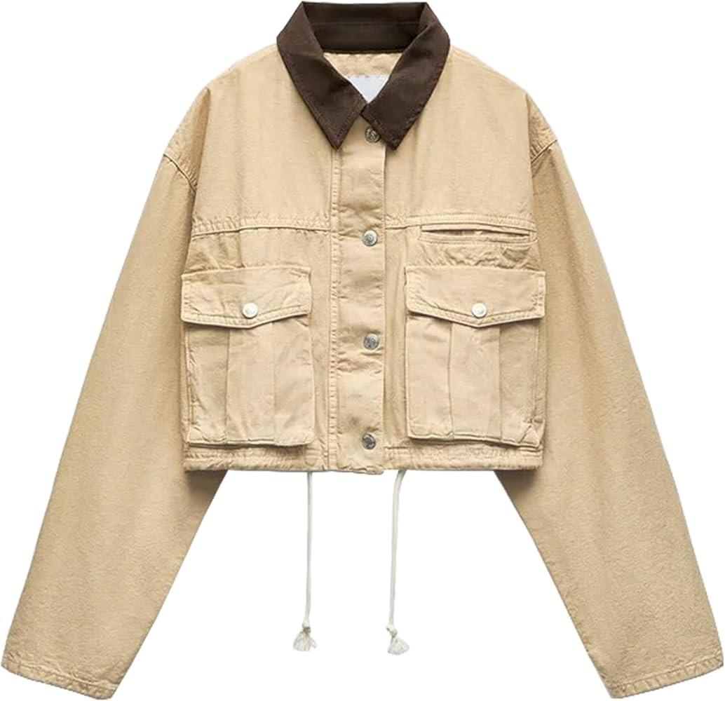 Womens Cropped Jacket Contrast Collar Military Utility Coat Fall Fashion 2024 Trendy Outwear | Amazon (US)