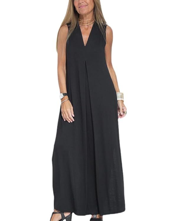 HOULENGS Women's Casual Sleeveless V Neck Maxi Dresses Side Split Tank Long Dress with Pockets | Amazon (US)