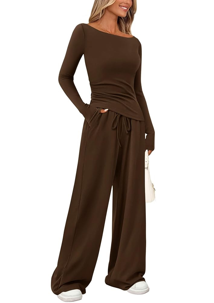 PRETTYGARDEN Women's 2 Piece Lounge Sets Asymmetrical Long Sleeve T Shirt Wide Leg Pants Casual O... | Amazon (US)