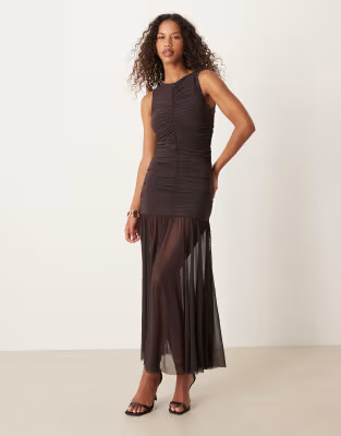 Gina Tricot sleeveless dropped waist midi dress in dark brown | ASOS (Global)