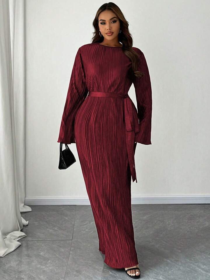 SHEIN Galaire Plus Size Elegant Solid Color Pleated Flare Sleeve Extra Long Dress Burgundy Maxi W... | SHEIN