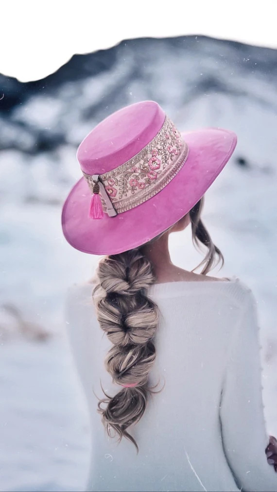 Boater suede hat Mia in pink color | Etsy | Etsy (US)