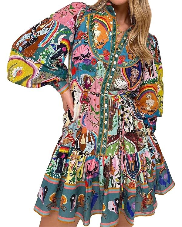 Women's Boho Graffiti Summer Dress Long Puff Sleeve Button Bodycon Sexy Nightclub Party Blouse Dr... | Amazon (US)