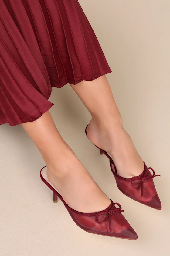 Cheralynn Burgundy Mesh Bow Pointed-Toe Mule Pumps | Lulus