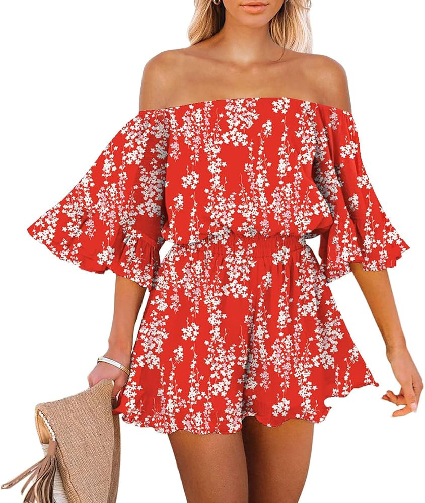 Fixmatti Women Boho Summer Romper Casual Floral Print Off Shoulder Strapless Shorts Jumpsuits | Amazon (US)