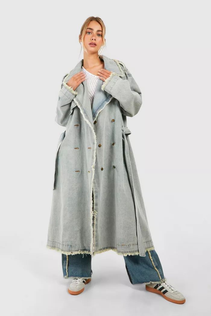 Premium Fray Hem Denim Trench Coat | boohoo (US & Canada)