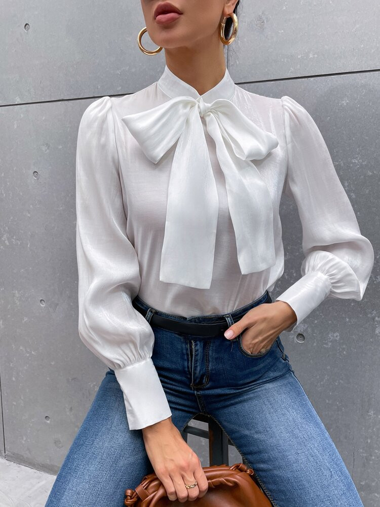 Tie Neck Puff Sleeve Satin Blouse | SHEIN