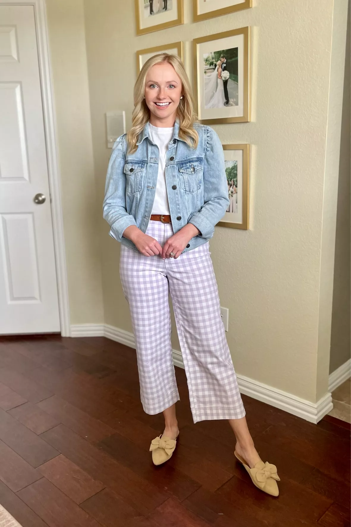 High-Waisted Cropped Wide-Leg Gingham Chino Pants