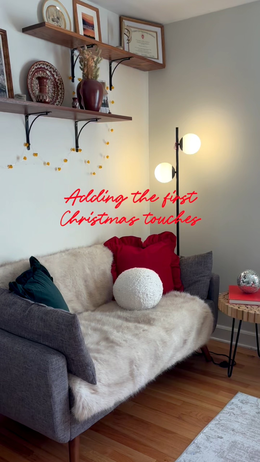 Adding the first Christmas touches! Christmas pillow covers from Amazon, shiny disco balls, led candles, velvet curtain from Wayfair. #homedecor #christmasdecor #cosyhome

#LTKHoliday #LTKHome #LTKSeasonal