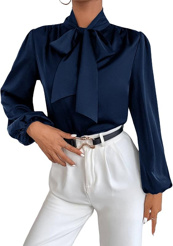 OYOANGLE Women's Satin Elegant Long Sleeve Top Bow Tie Neck Casual Blouse Work Office Shirt | Amazon (US)