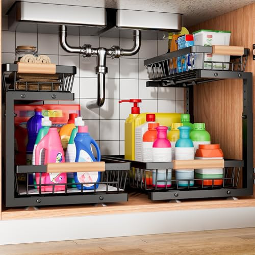 Under Sink Organizer, 2 Pack 2 Tier Under Sink Organizers and Storage, Slide Out Pull Out Cabinet Organizer Shelf, Height Adjustable Metal Drawer for Kitchen Bathroom Closet Organization Rack Black | Amazon (US)