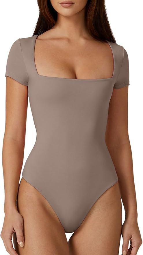 QINSEN Women's Square Neck Short Sleeve Bodysuit Sexy Body Suit Tops Double Lined Shirts | Amazon (US)