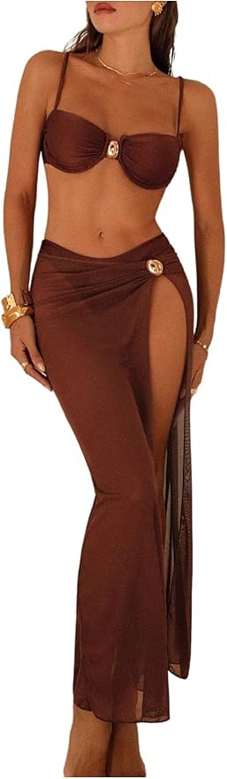 MakeMeChic Women's 3 Piece Swimsuits Summer Ruched Backless Cheeky Beach Bikini Set with Cover Up... | Amazon (US)