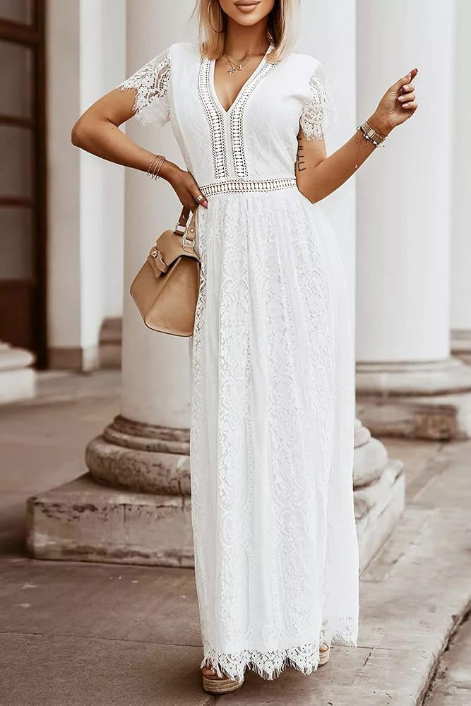 MEROKEETY Women's 2026 V Neck Short Sleeve Floral Lace Wedding Dress A Line Boho Bridesmaid Cockt... | Amazon (US)