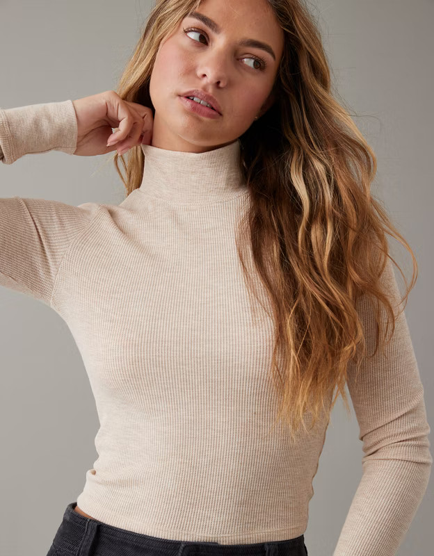 AE Long-Sleeve Cropped Hey Baby Mock Neck Tee | American Eagle Outfitters (US & CA)