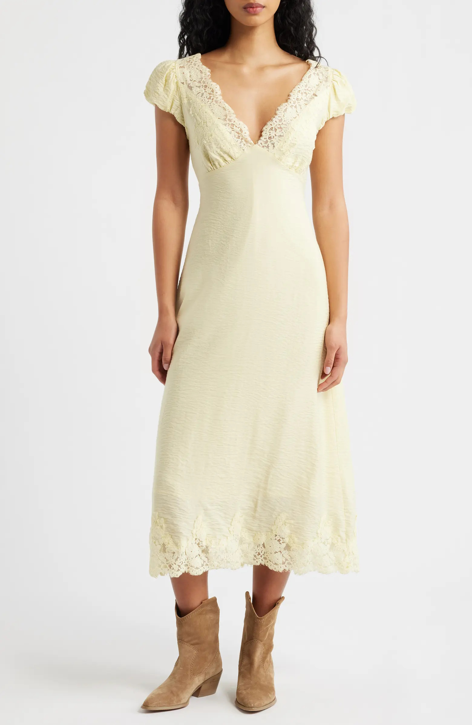 Eyelash Lace Trim Puff Sleeve Maxi Dress | Nordstrom