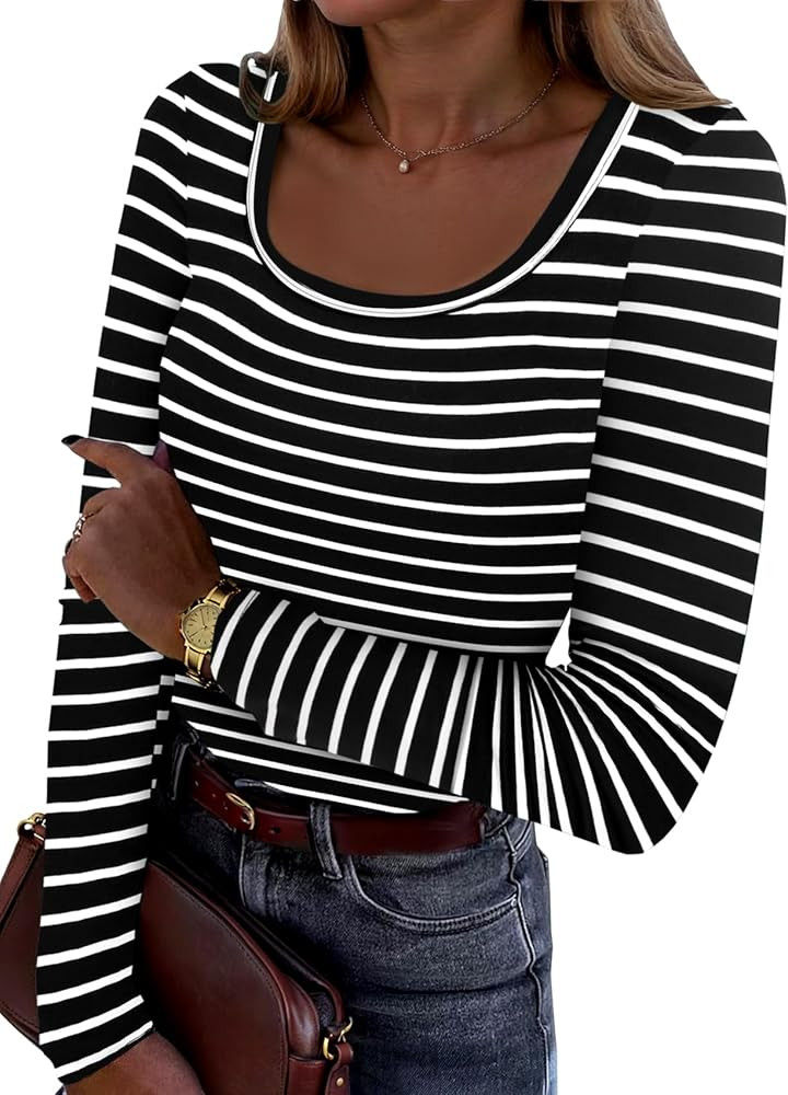 Bluetime Women's Scoop Neck Long Sleeve T-Shirts Ribbed Knit Casual Tops Tee Slim Fitted Basic Sh... | Amazon (US)
